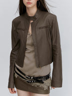 ViaPitti Retro Brown Stand Collar Slim Fit Cropped Biker Women's Leather Jackets