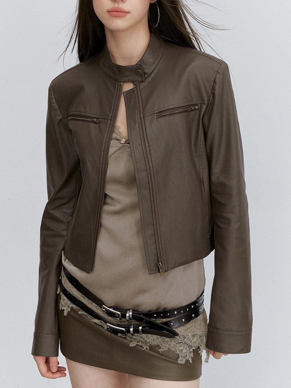 ViaPitti Retro Brown Stand Collar Slim Fit Cropped Biker Women's Leather Jackets
