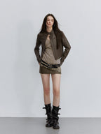 ViaPitti Retro Brown Stand Collar Slim Fit Cropped Biker Women's Leather Jackets