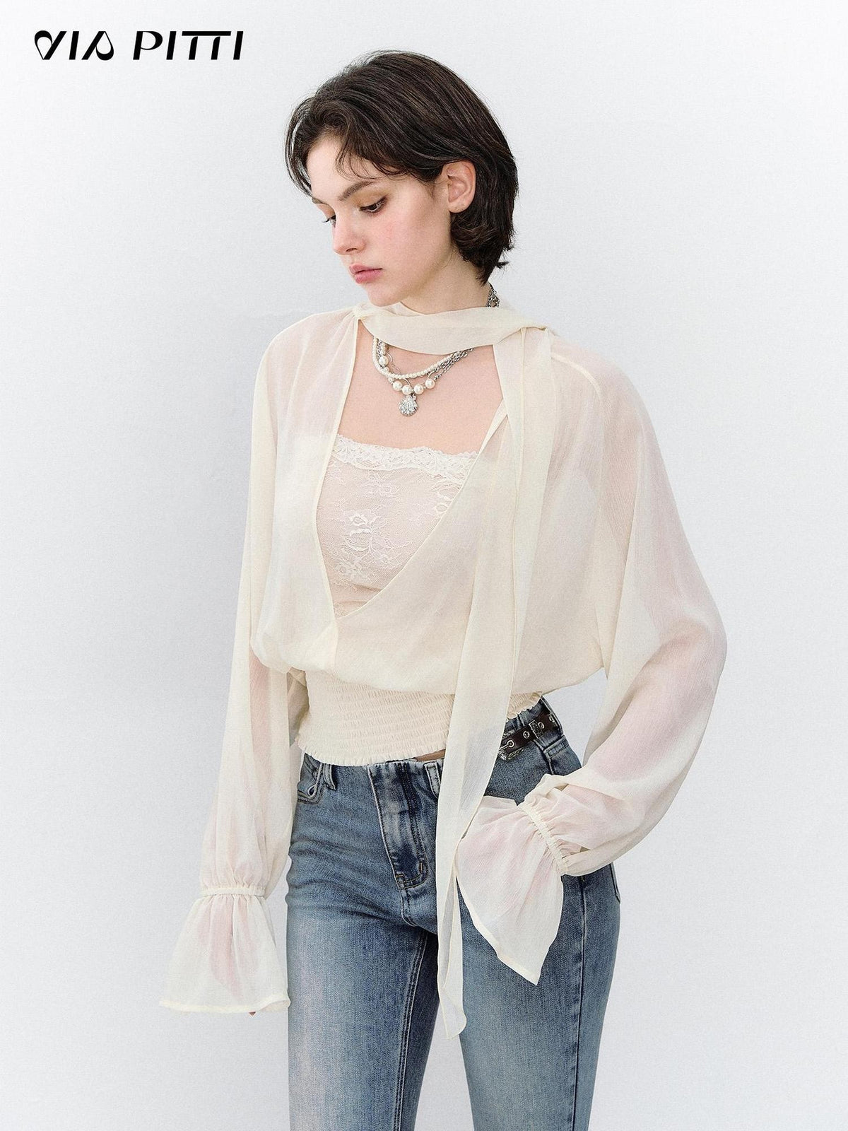 ViaPitti Reversible Ruched Tie Neck Sheer Chiffon Women's Long Sleeve T-shirts