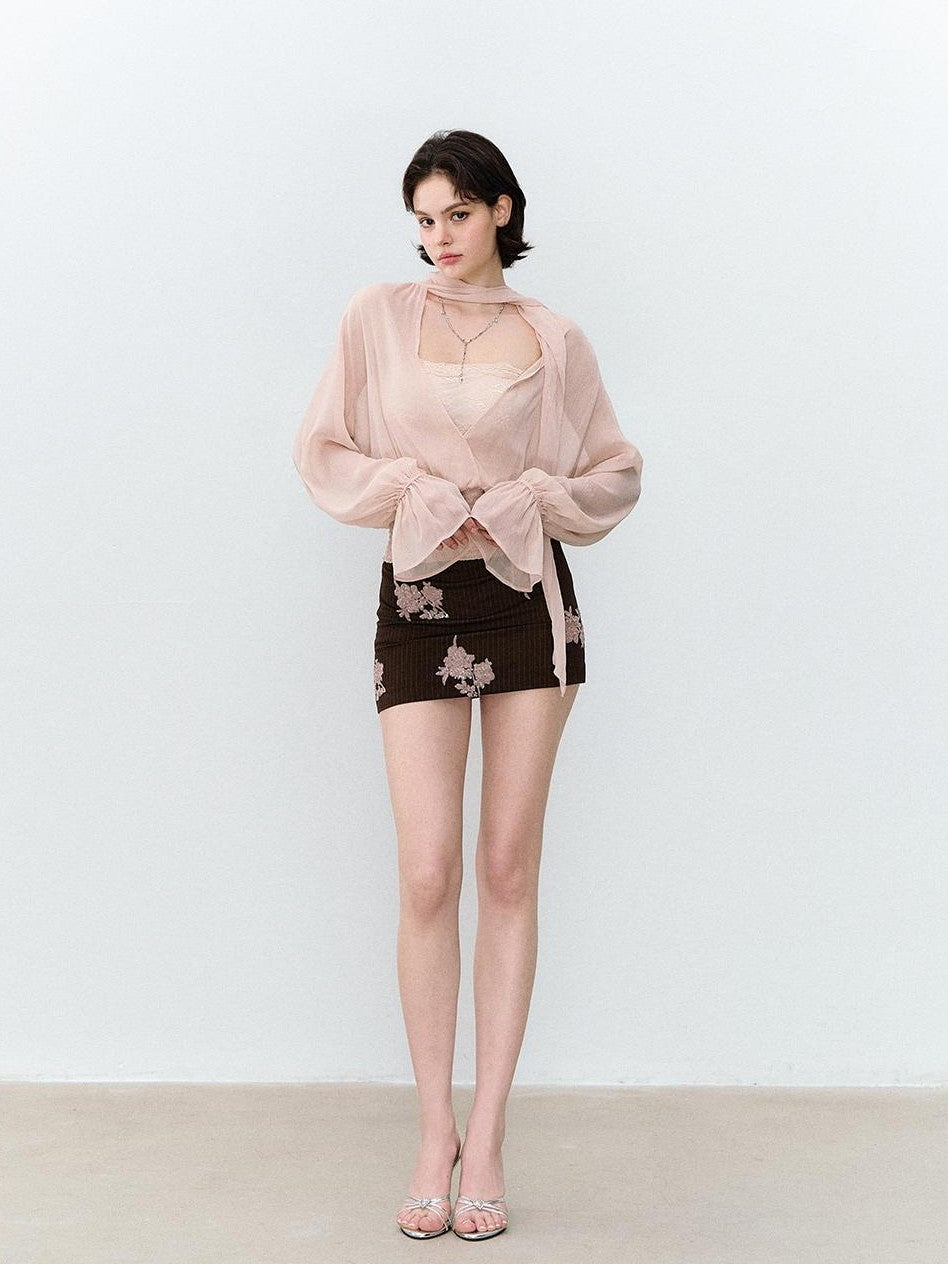 ViaPitti Reversible Ruched Tie Neck Sheer Chiffon Women's Long Sleeve T-shirts