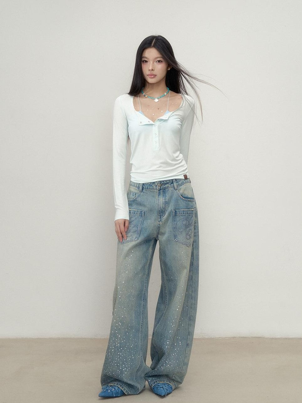 ViaPitti Rhinestone Retro Straight Women's Cotton Wide-leg Jeans