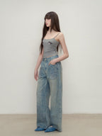 ViaPitti Rhinestone Retro Straight Women's Cotton Wide-leg Jeans