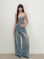 ViaPitti Rhinestone Retro Straight Women's Cotton Wide-leg Jeans