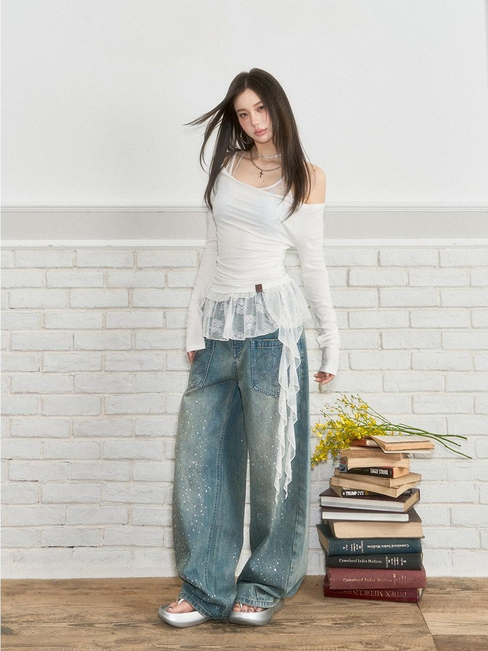 ViaPitti Rhinestone Retro Straight Women's Cotton Wide-leg Jeans