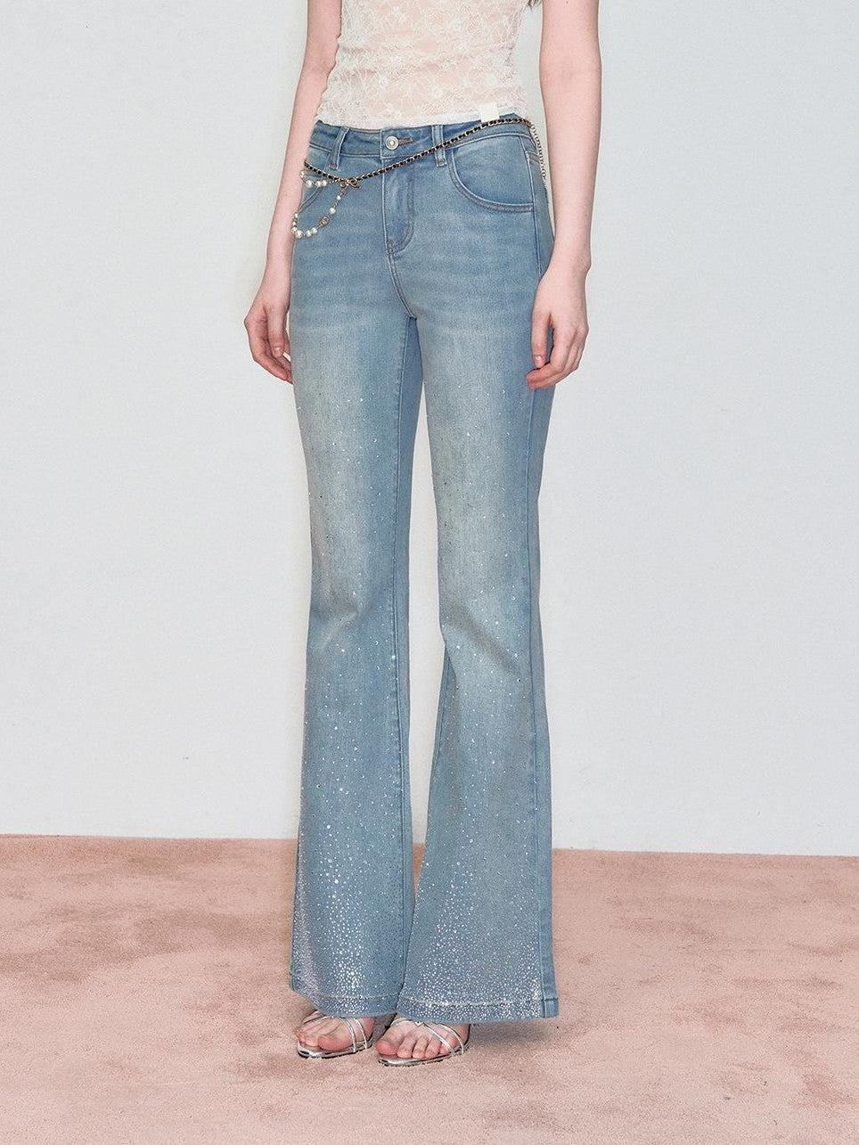 ViaPitti Rhinestone Studded Chain Detail Women's Cotton Flare Jeans