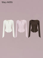 ViaPitti Ribbed Button Waist Cinched Silk Knit Women's Slim Fit Long Sleeve T-shirts