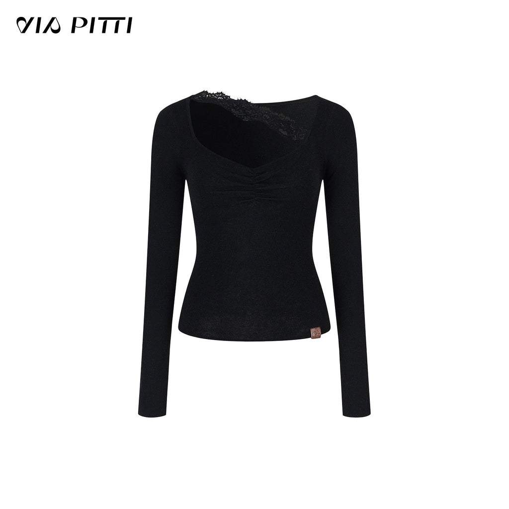 ViaPitti_Ruched_Lace_Trim_Knit_Slim_Fit_Women's_Long_Sleeve_T-shirts_999309964074_MISSTT