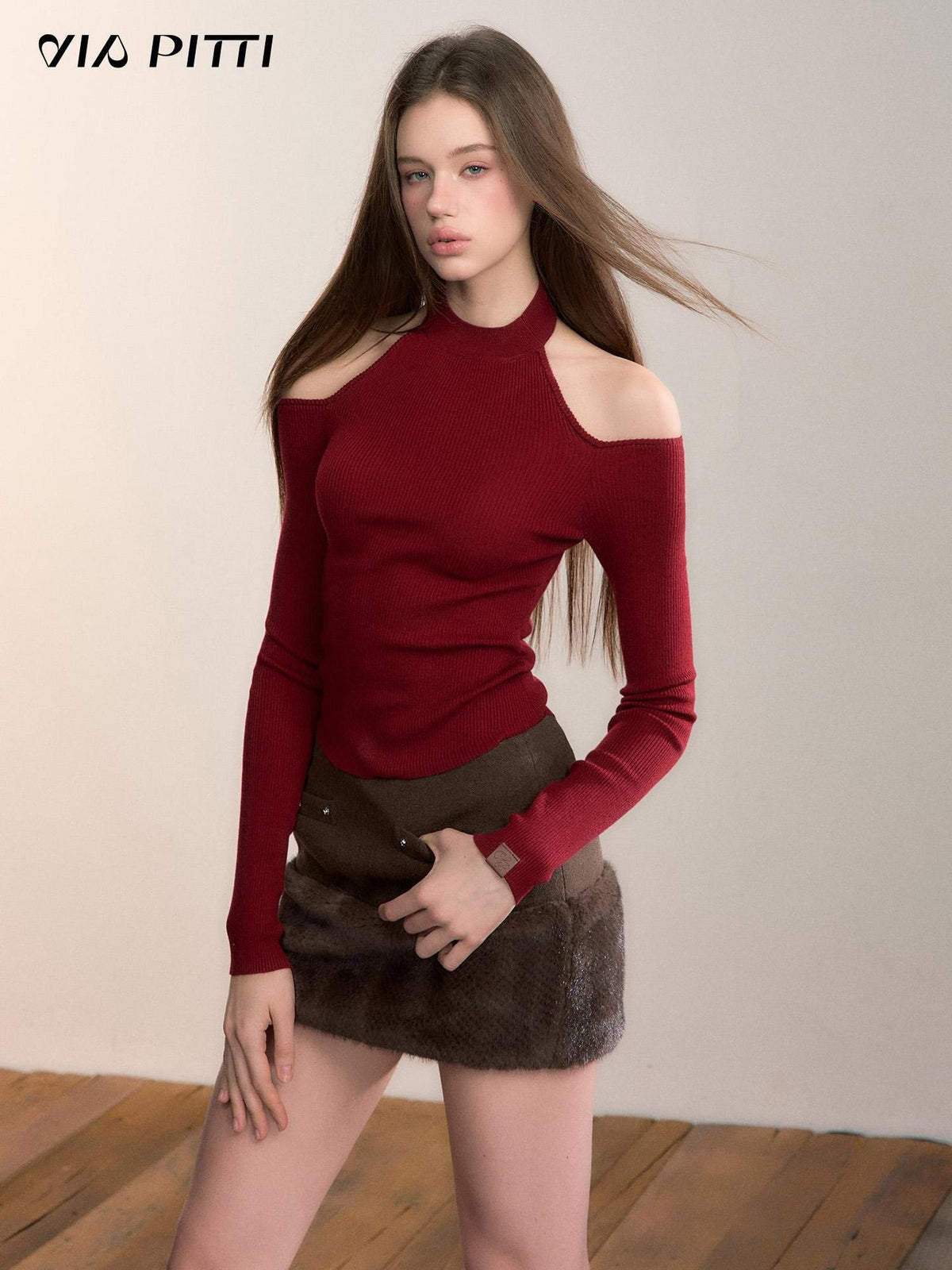 ViaPitti Slim Fit Reversible Off Shoulder Mock Neck Women's Knit Long Sleeve T-shirts