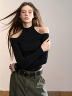 ViaPitti Slim Fit Reversible Off Shoulder Mock Neck Women's Knit Long Sleeve T-shirts