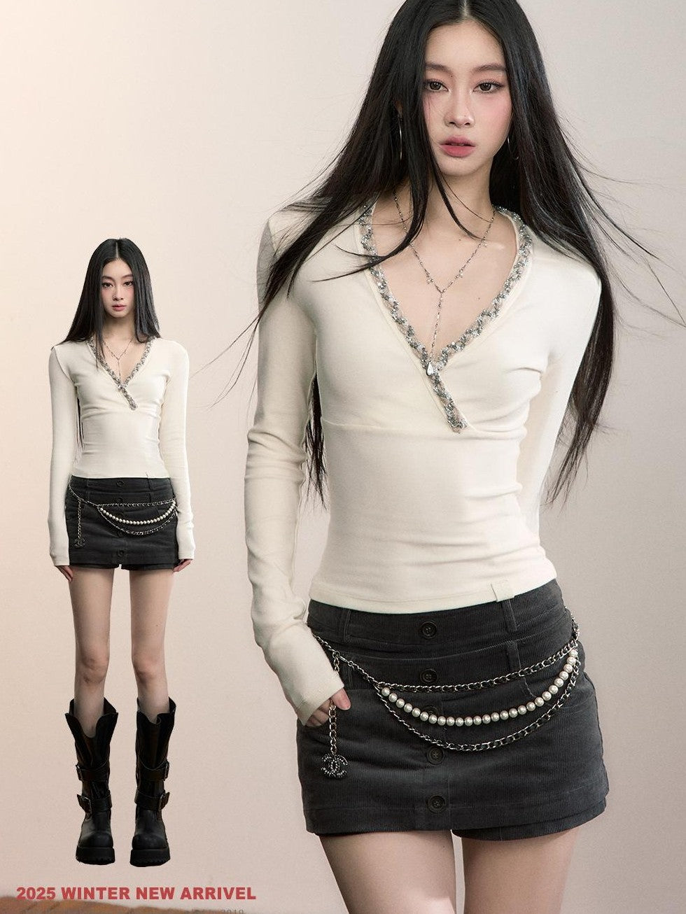 ViaPitti Slim Fit V-neck Ribbon Spliced Women's Knit Long Sleeve T-shirts