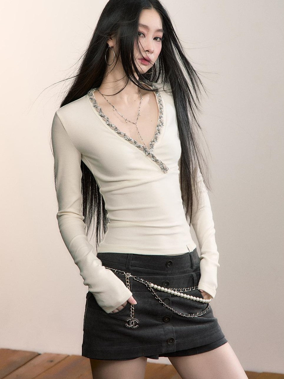 ViaPitti Slim Fit V-neck Ribbon Spliced Women's Knit Long Sleeve T-shirts