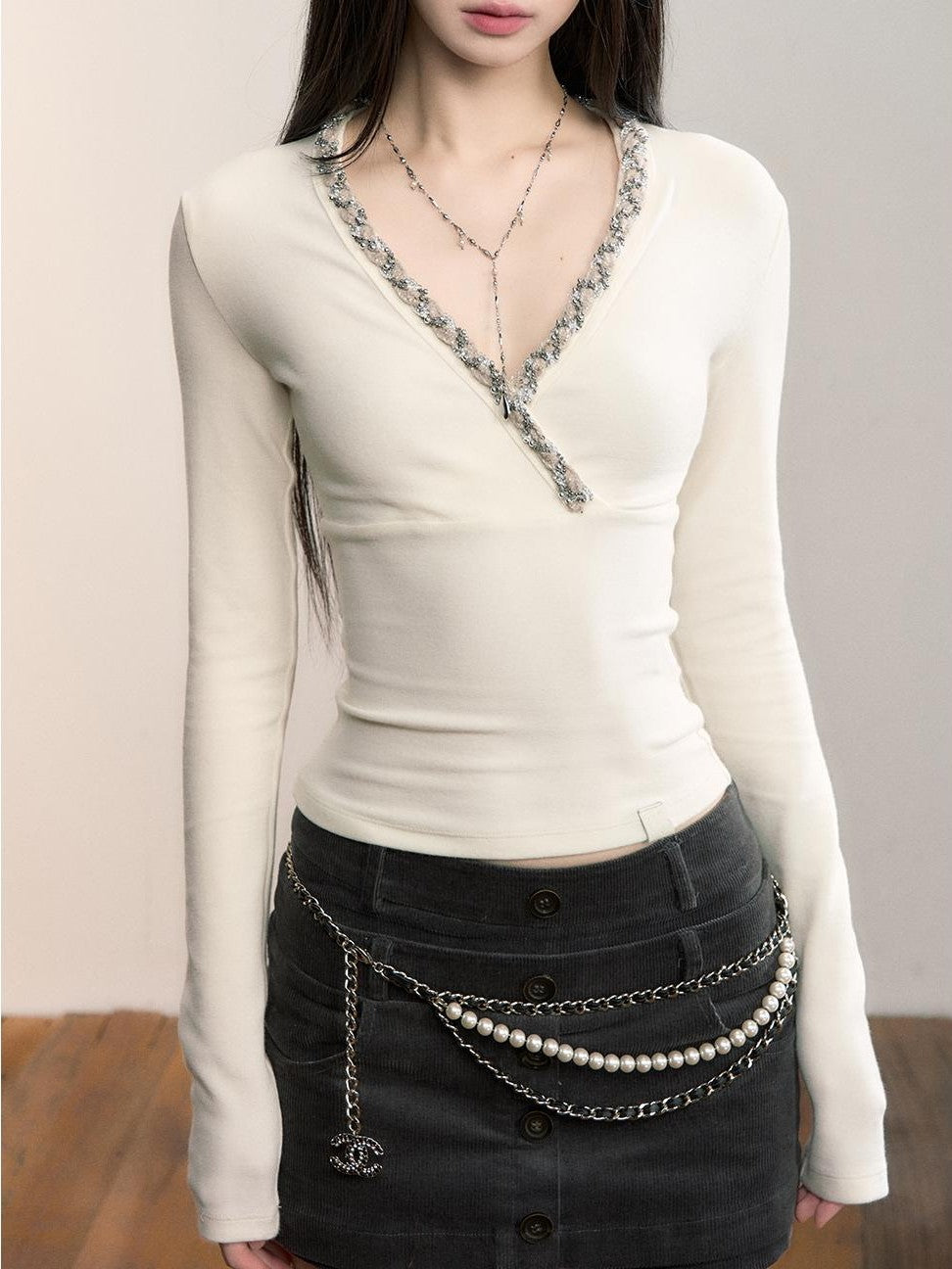 ViaPitti Slim Fit V-neck Ribbon Spliced Women's Knit Long Sleeve T-shirts