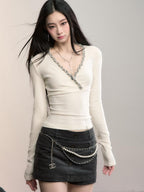 ViaPitti Slim Fit V-neck Ribbon Spliced Women's Knit Long Sleeve T-shirts