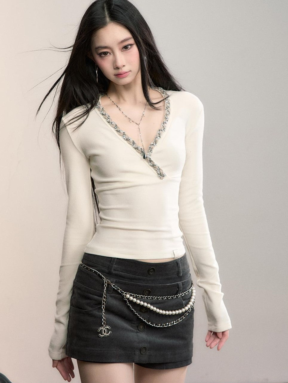 ViaPitti Slim Fit V-neck Ribbon Spliced Women's Knit Long Sleeve T-shirts