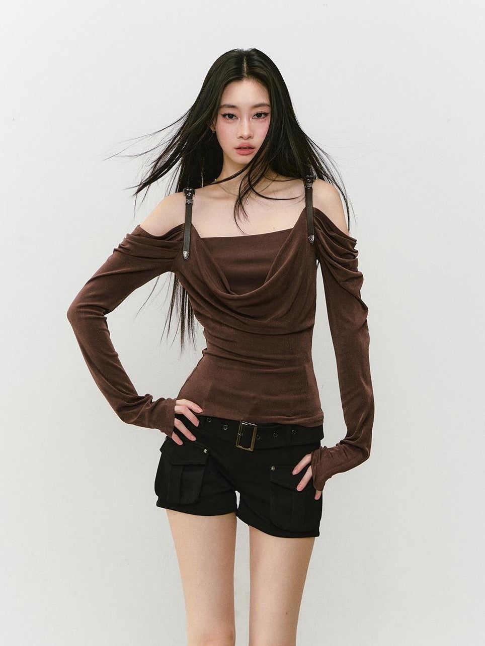ViaPitti Solid Draped Neck Leather Strap Acetate Women's Long Sleeve T-shirts