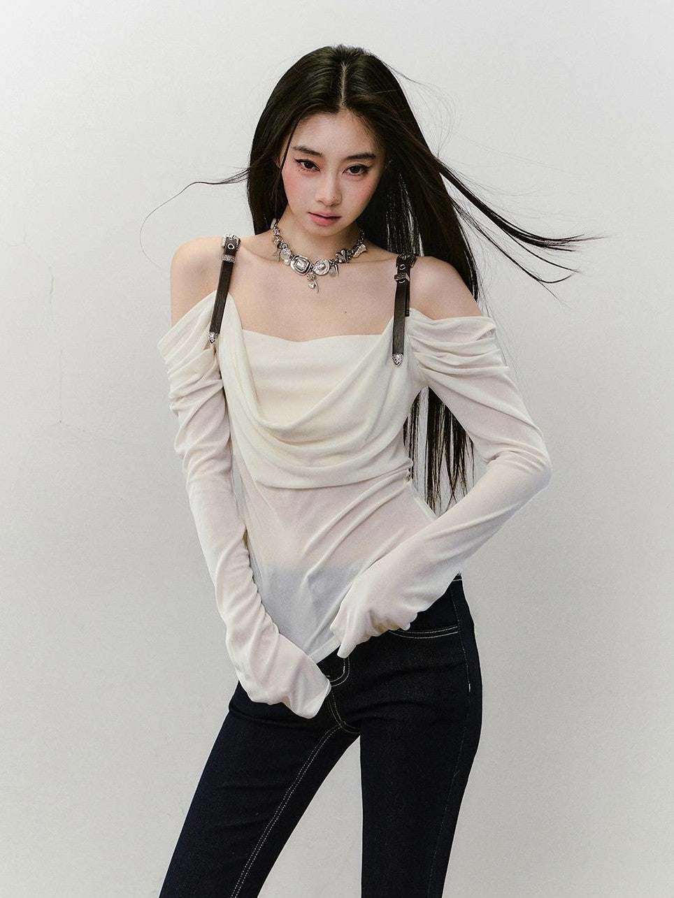 ViaPitti Solid Draped Neck Leather Strap Acetate Women's Long Sleeve T-shirts