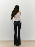ViaPitti Solid Draped Neck Leather Strap Acetate Women's Long Sleeve T-shirts