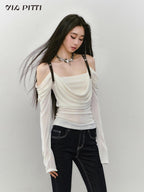 ViaPitti Solid Draped Neck Leather Strap Acetate Women's Long Sleeve T-shirts