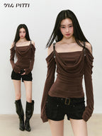 ViaPitti Solid Draped Neck Leather Strap Acetate Women's Long Sleeve T-shirts