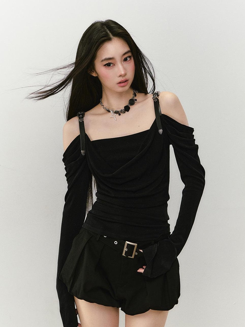 ViaPitti Solid Draped Neck Leather Strap Acetate Women's Long Sleeve T-shirts
