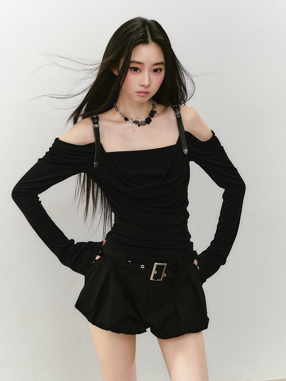 ViaPitti Solid Draped Neck Leather Strap Acetate Women's Long Sleeve T-shirts