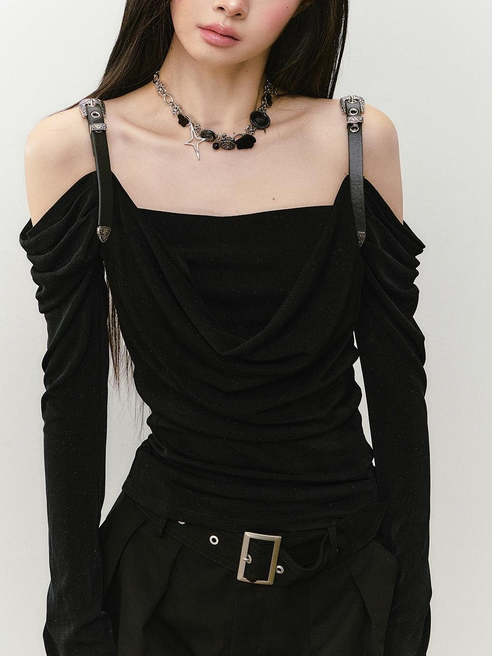 ViaPitti Solid Draped Neck Leather Strap Acetate Women's Long Sleeve T-shirts