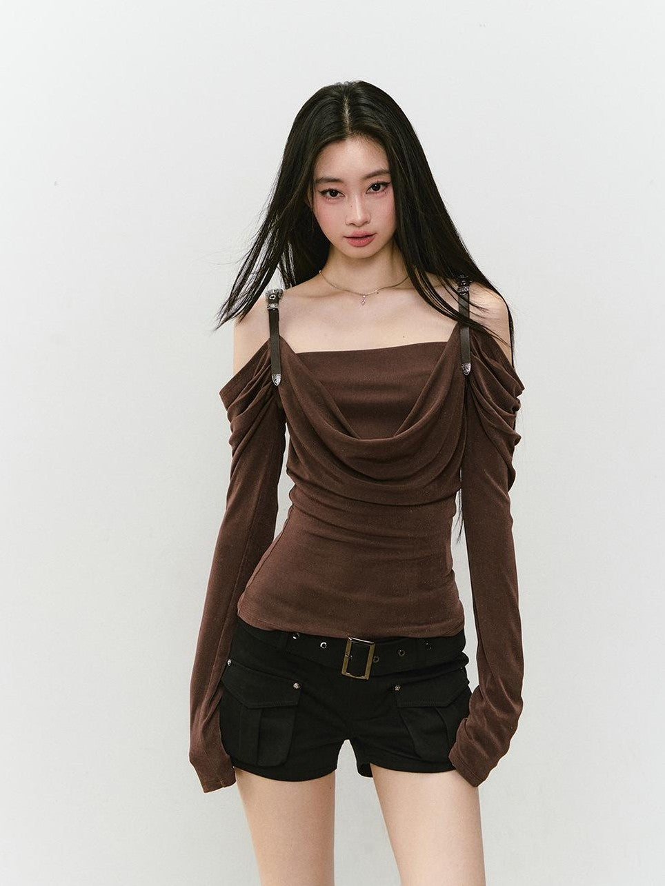 ViaPitti Solid Draped Neck Leather Strap Acetate Women's Long Sleeve T-shirts