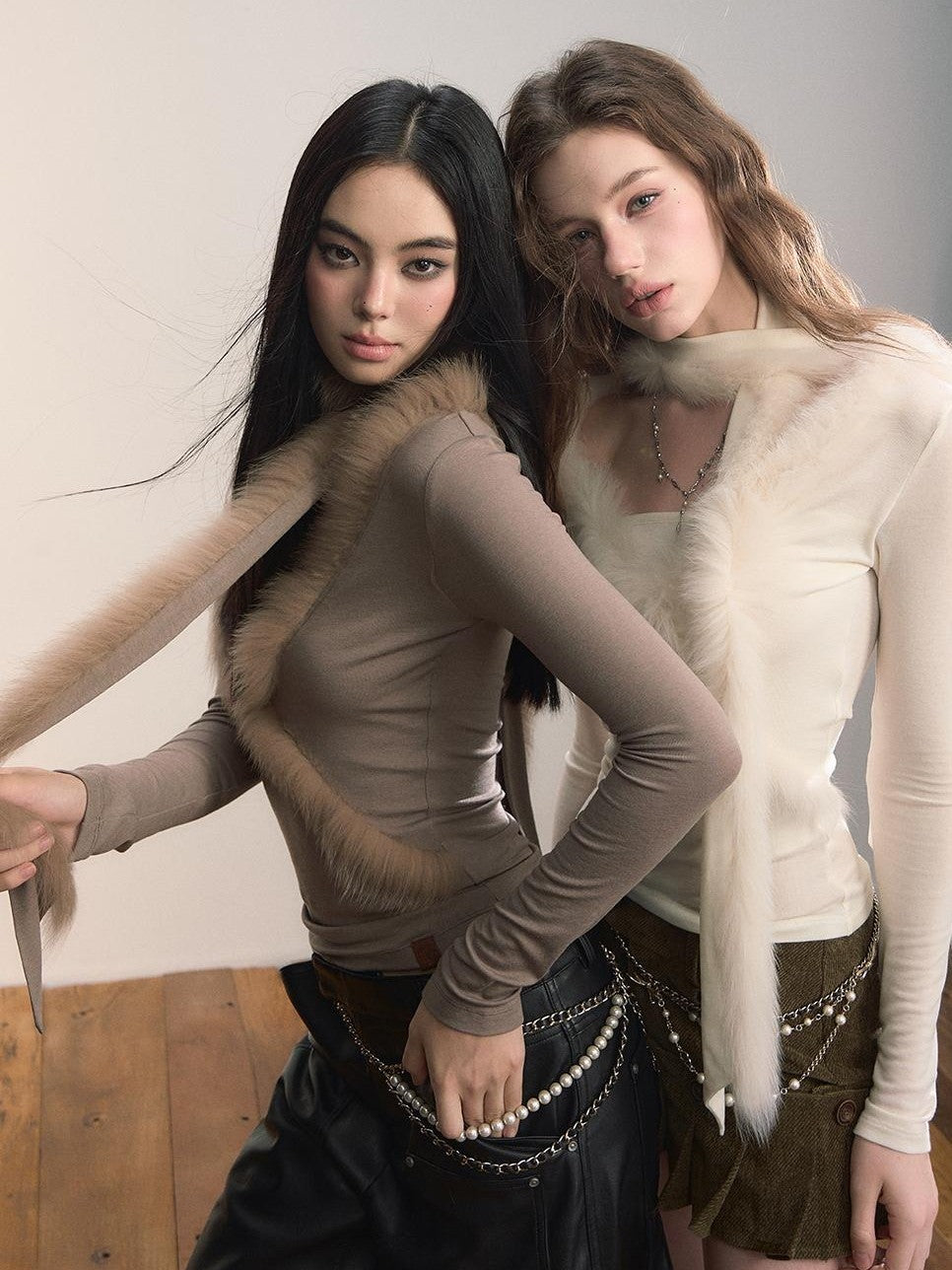 ViaPitti Spliced Real Fox Fur Trim Slim Fit Lyocell Women's Long Sleeve T-shirts