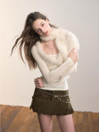 ViaPitti Spliced Real Fox Fur Trim Slim Fit Lyocell Women's Long Sleeve T-shirts
