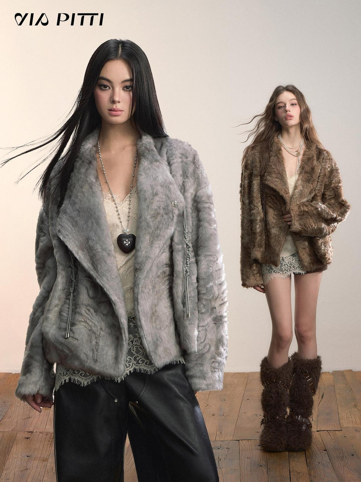 ViaPitti Textured Oversized Lapel Faux Fur Women's Short Coats