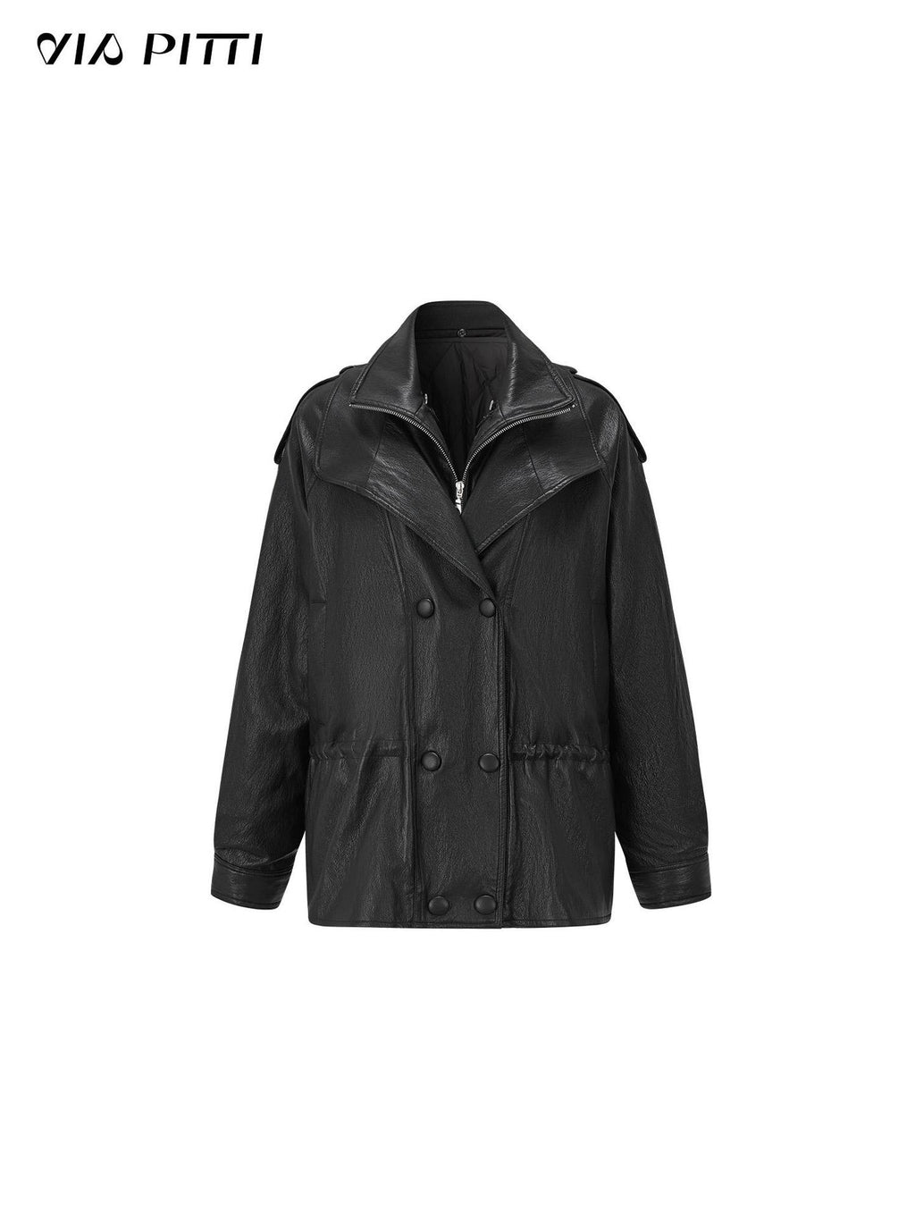 ViaPitti Textured Waist Cinched Detachable Two Piece Women's Leather Jackets