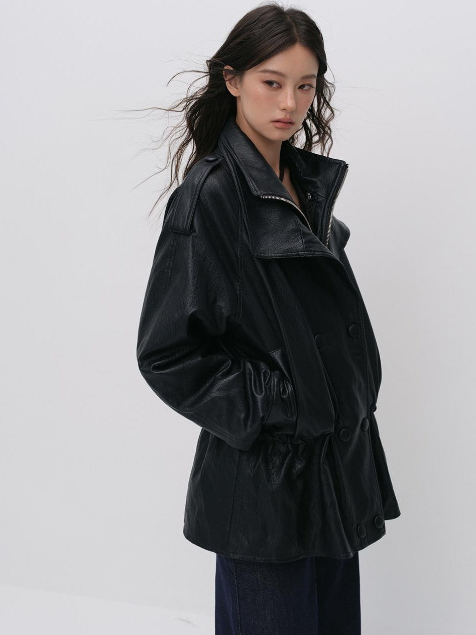 ViaPitti Textured Waist Cinched Detachable Two Piece Women's Leather Jackets