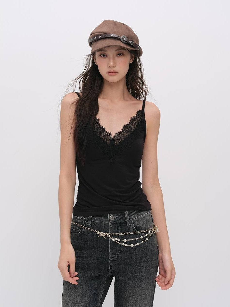 ViaPitti V-neck Spliced Lace Built In Bra Women's Acrylic Camisoles
