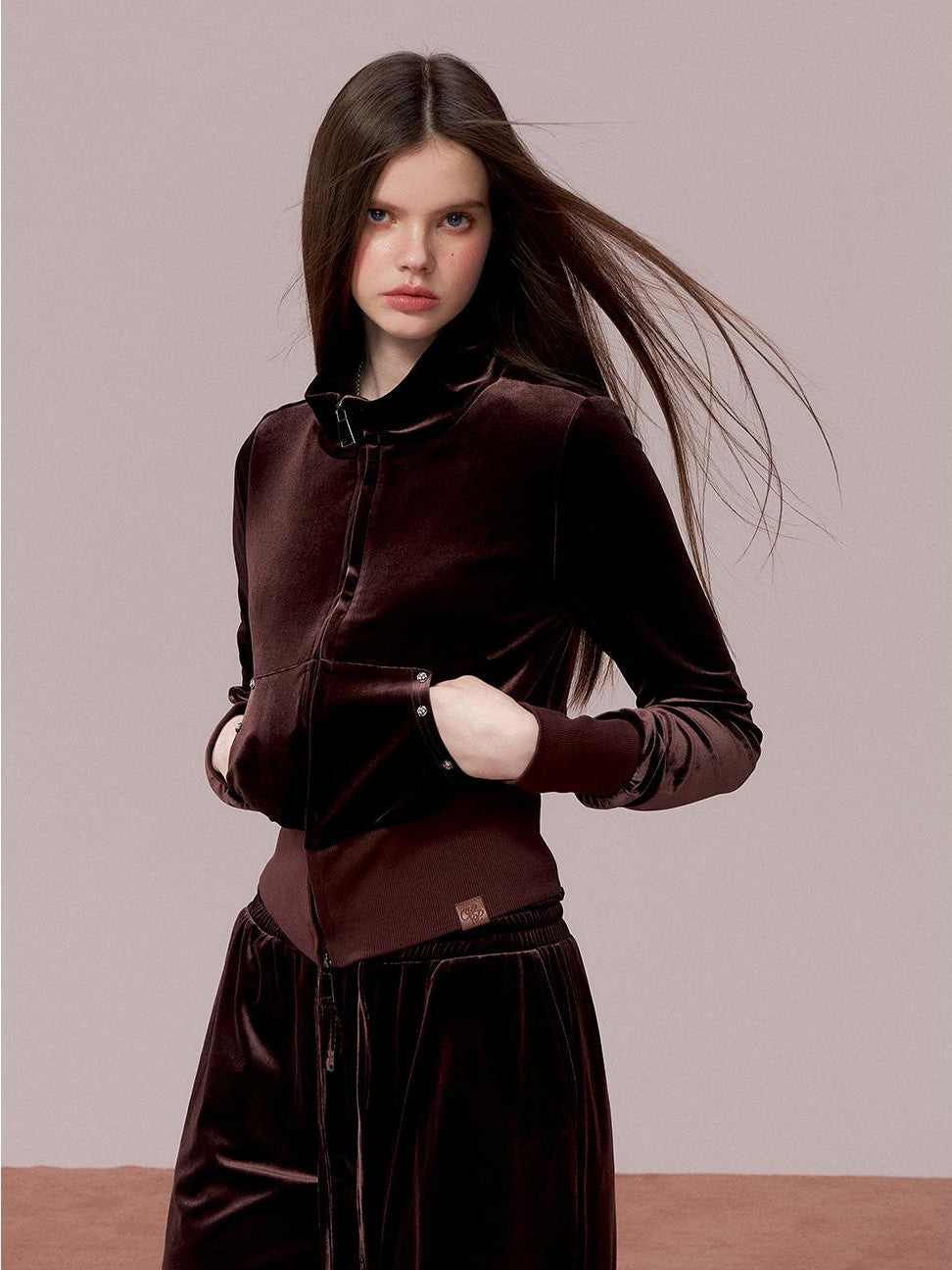 ViaPitti Velvet Zip Loose Fit Women's Polyester Top & Pants Sets