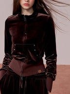 ViaPitti Velvet Zip Loose Fit Women's Polyester Top & Pants Sets