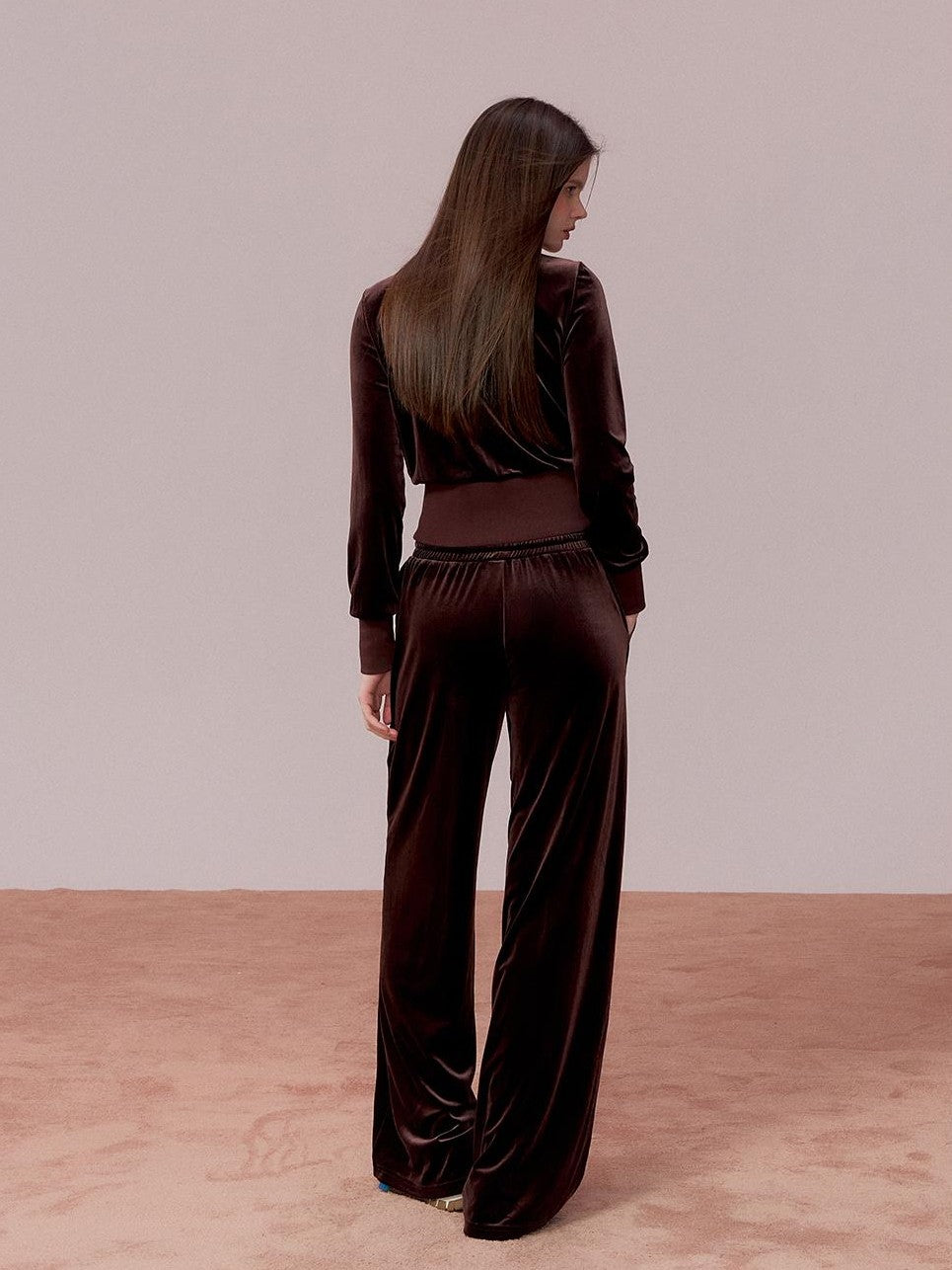 ViaPitti Velvet Zip Loose Fit Women's Polyester Top & Pants Sets