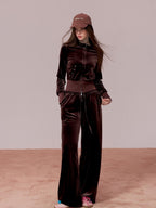ViaPitti Velvet Zip Loose Fit Women's Polyester Top & Pants Sets