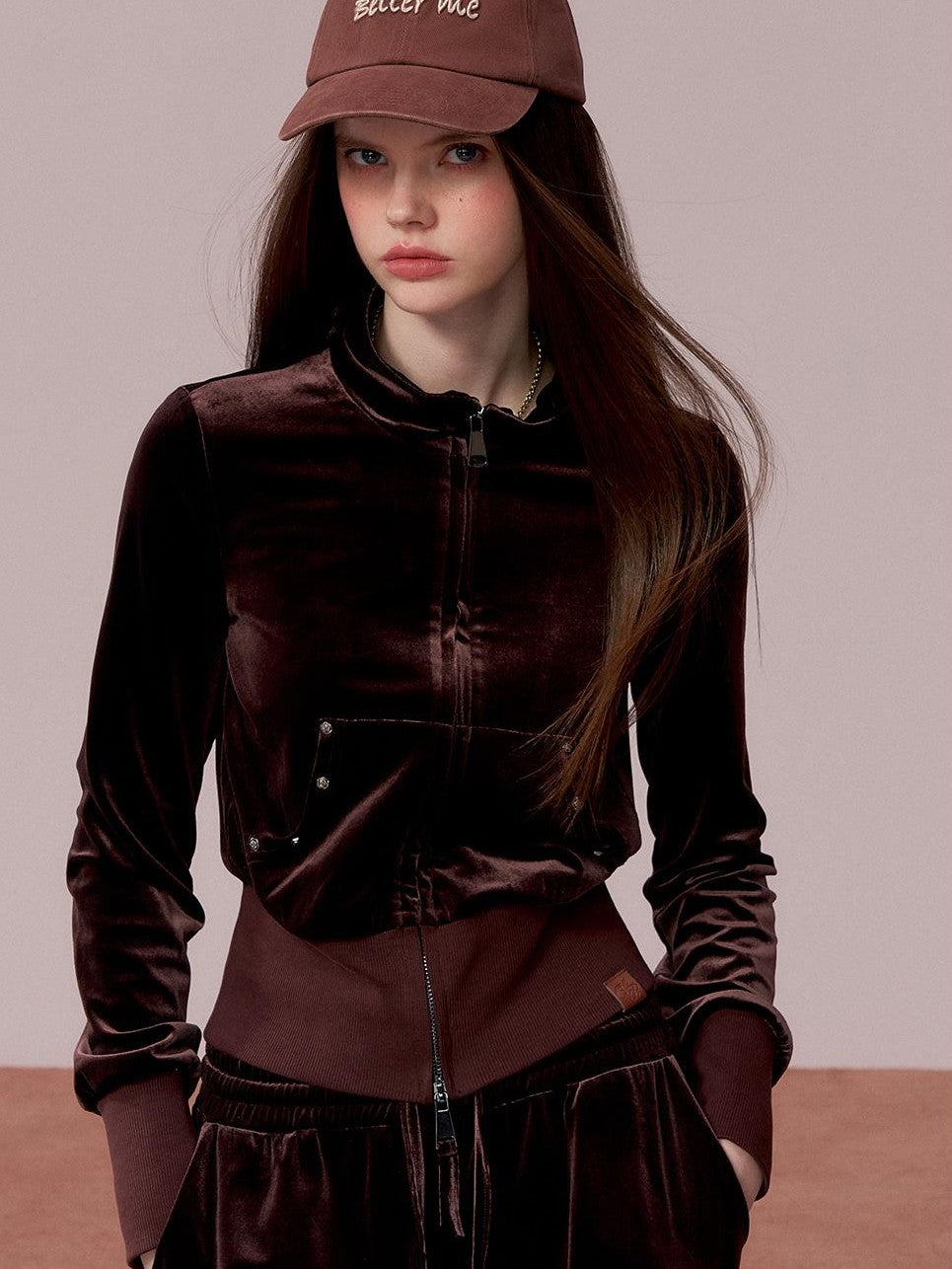 ViaPitti Velvet Zip Loose Fit Women's Polyester Top & Pants Sets