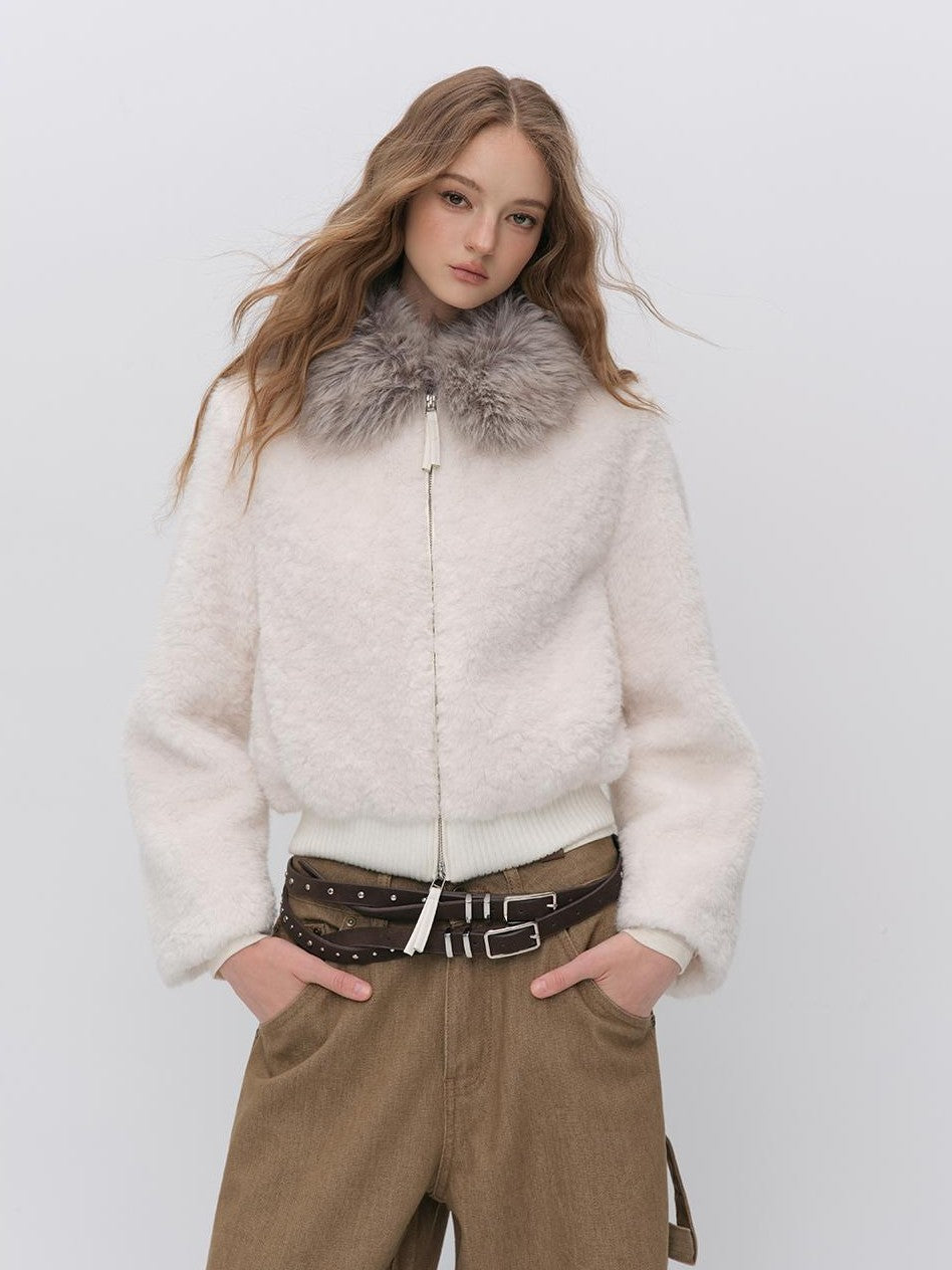 ViaPitti Vintage Color Block Faux Fur Trim Fitted Women's Polyester Short Coats