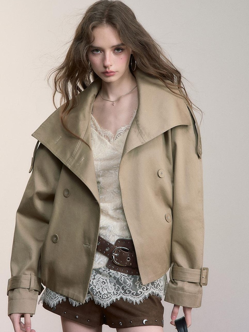 ViaPitti Vintage Cropped Stand Collar Ruched Cotton Women's Trench Coats