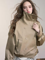 ViaPitti Vintage Cropped Stand Collar Ruched Cotton Women's Trench Coats