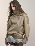 ViaPitti Vintage Cropped Stand Collar Ruched Cotton Women's Trench Coats