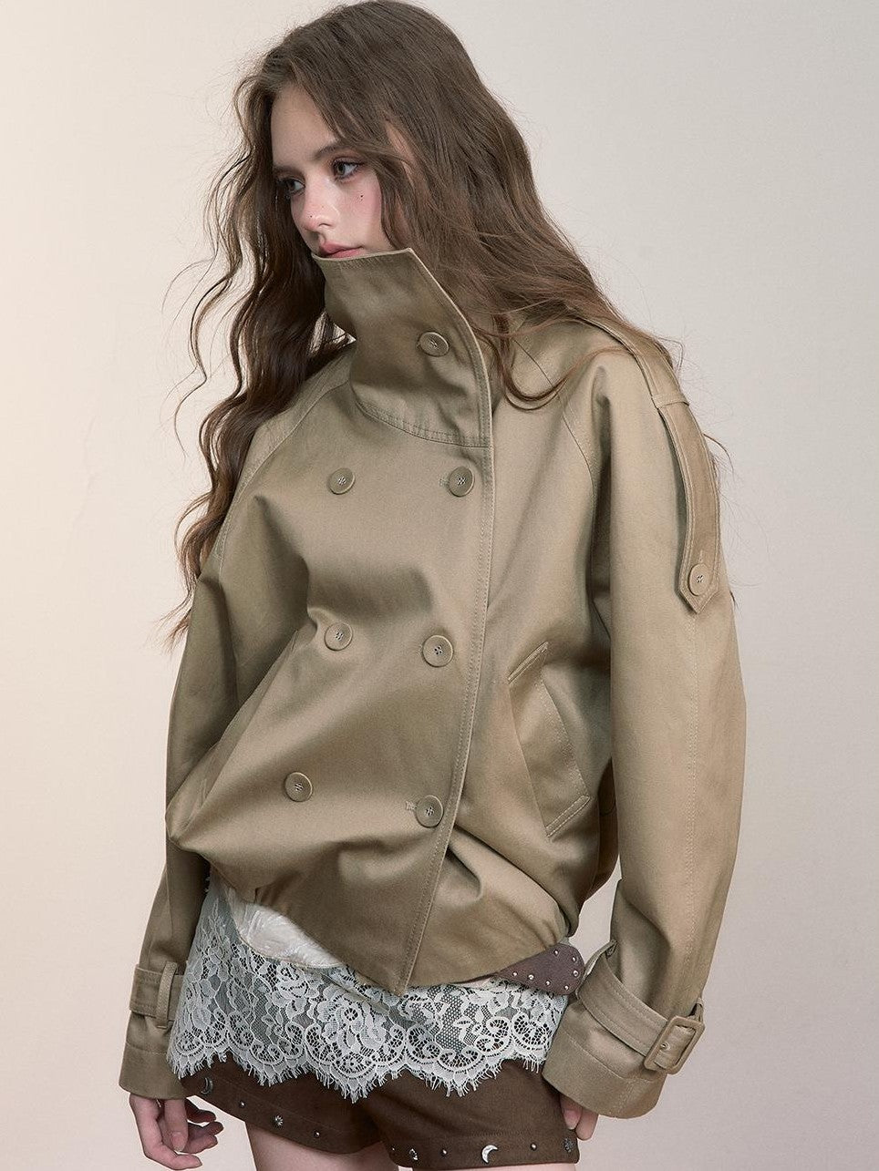 ViaPitti Vintage Cropped Stand Collar Ruched Cotton Women's Trench Coats