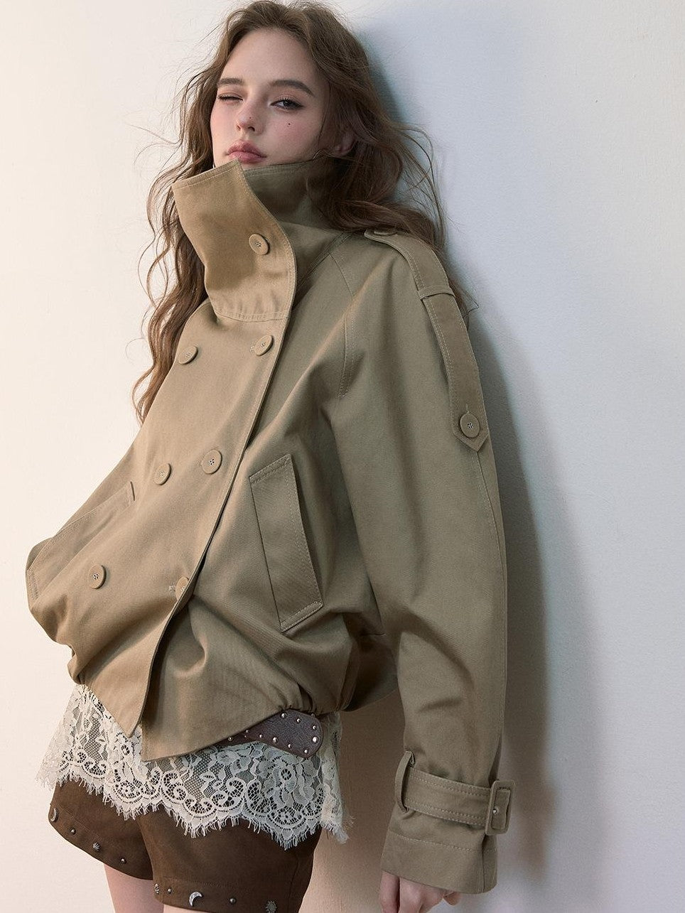 ViaPitti Vintage Cropped Stand Collar Ruched Cotton Women's Trench Coats