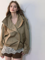 ViaPitti Vintage Cropped Stand Collar Ruched Cotton Women's Trench Coats