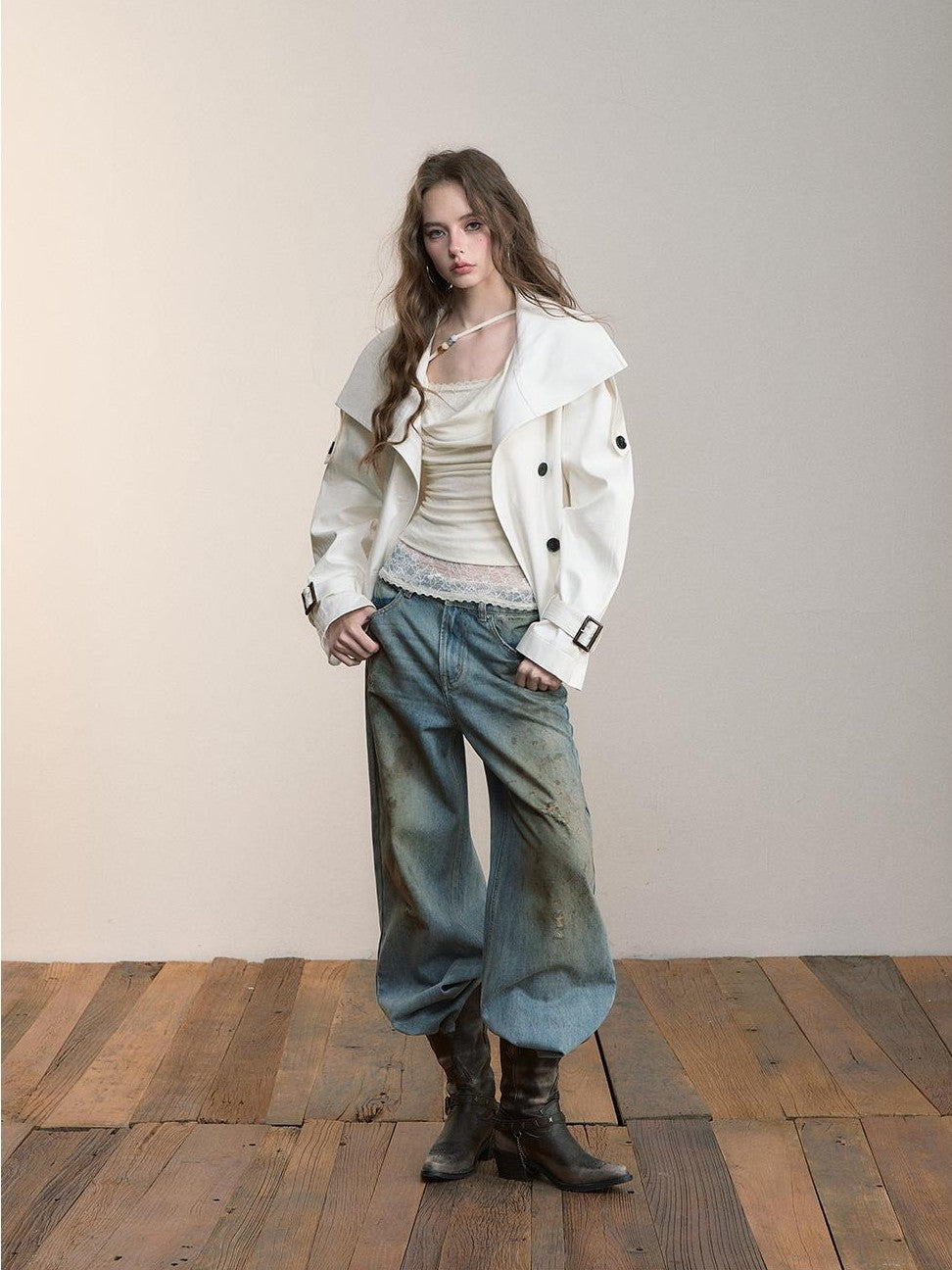 ViaPitti Vintage Cropped Stand Collar Ruched Cotton Women's Trench Coats