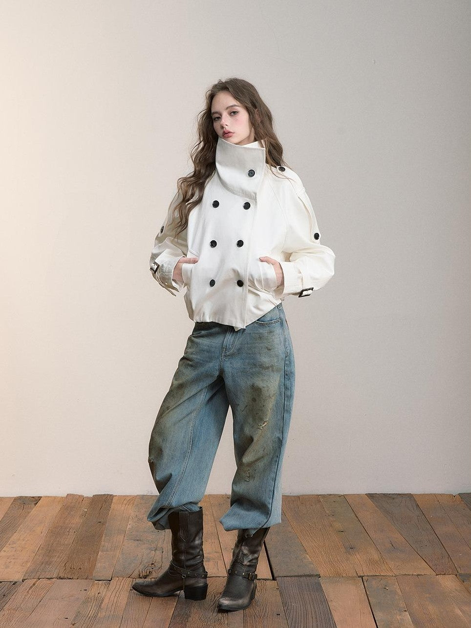 ViaPitti Vintage Cropped Stand Collar Ruched Cotton Women's Trench Coats