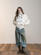ViaPitti Vintage Cropped Stand Collar Ruched Cotton Women's Trench Coats