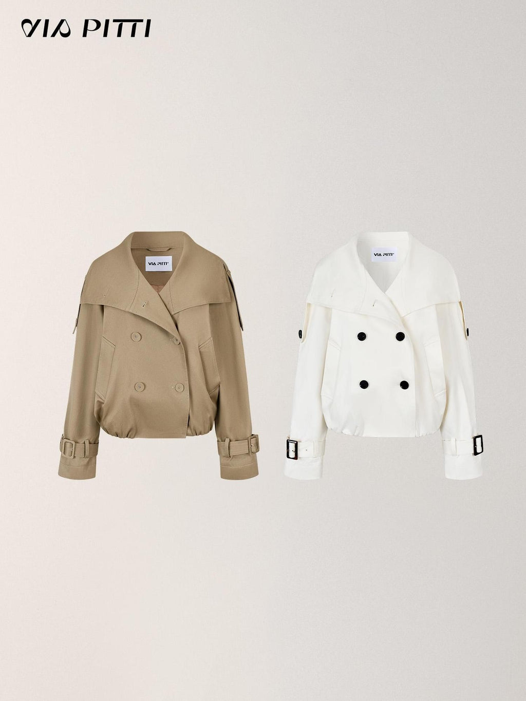 ViaPitti Vintage Cropped Stand Collar Ruched Cotton Women's Trench Coats